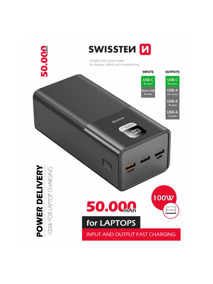 Swissten 40.000mAh Powerbank USB und USB-C 100W Ladegerät in Schwarz günstig kaufen 154