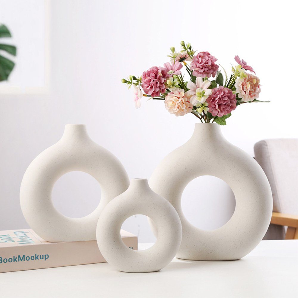 zggzerg Dekovase Keramik Vase für Pampasgras, Beige Donut Vase Deko Wohnzimmer Runde