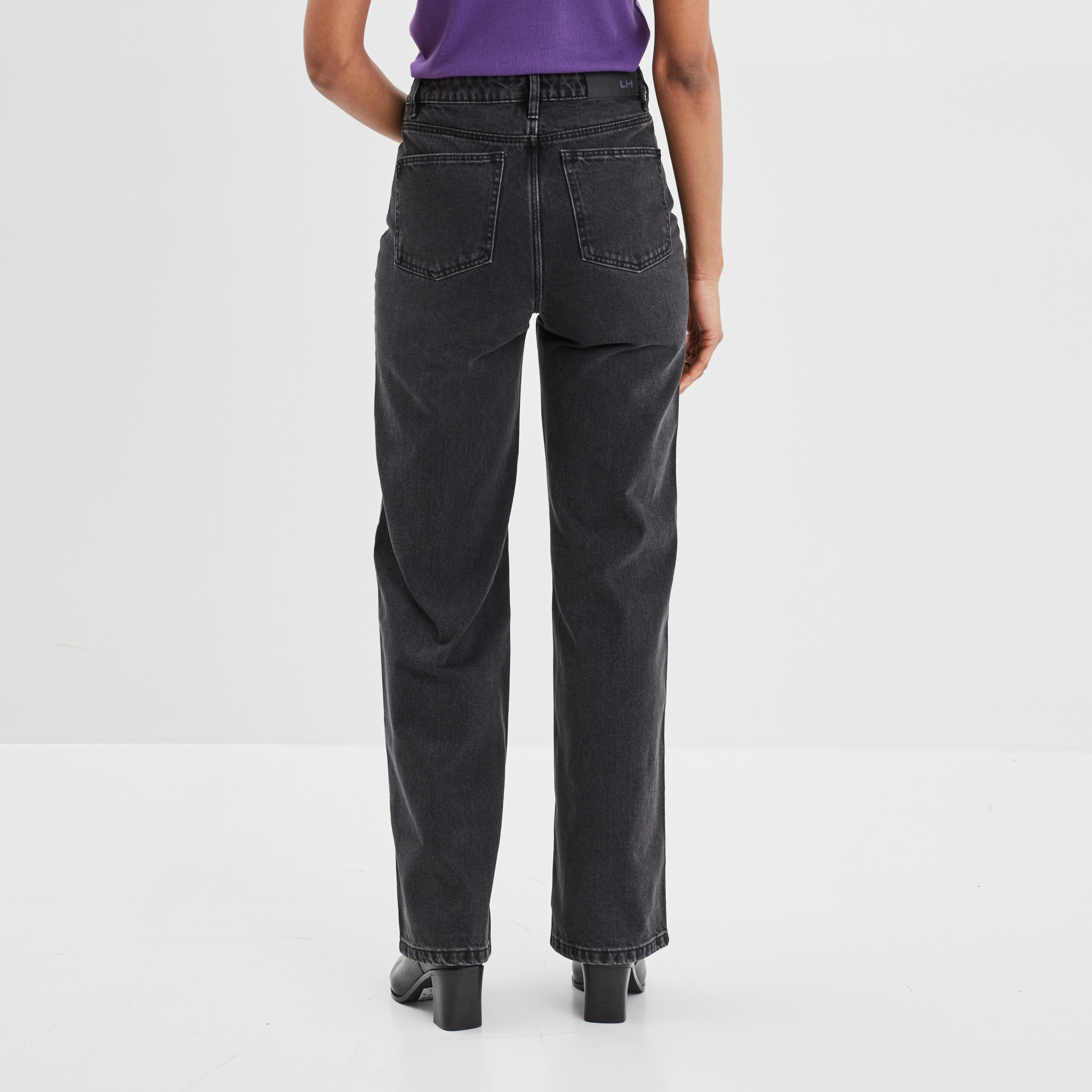 Jeans wide leg taille haute coton denim noir femme | La Halle