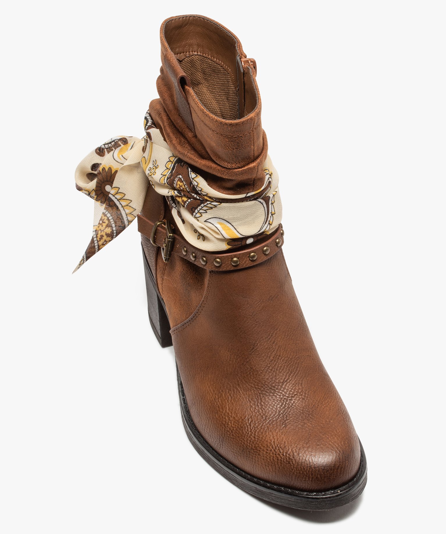 Boots femme à talon avec foulard et brides décoratives camel | GEMO