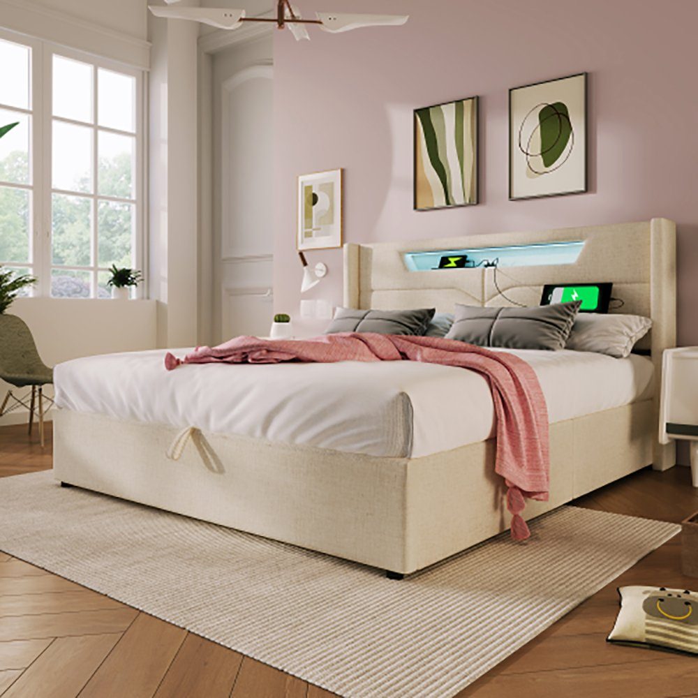 Sweiko Polsterbett, Stauraumbett mit Ladefunktion und LED-Beleuchtung, 140*200cm