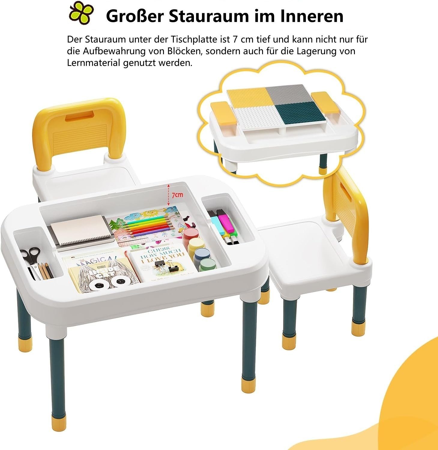 EUGAD Kindertisch (1-St., mit 2 Stühlen), Spieltisch Maltisch mit Stauraum