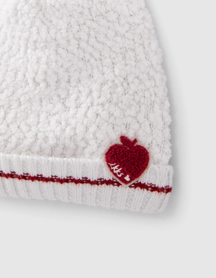 Bonnet et snood écru tricot brodé coeur-pomme bébé fille