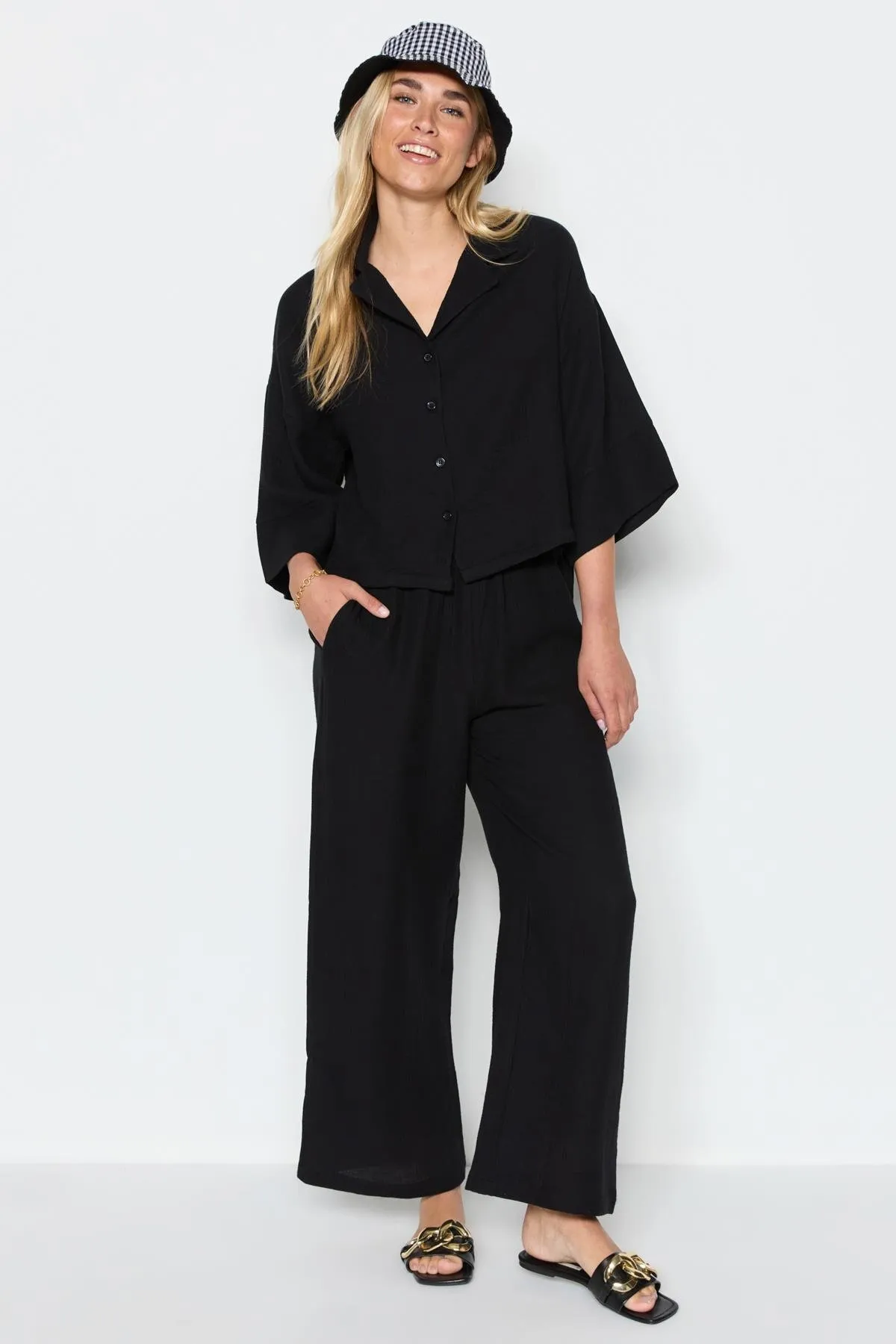 C&City  Kurzes Hemd-Hosen-Set aus Bio-Baumwoll-Musselin 9122 Schwarz