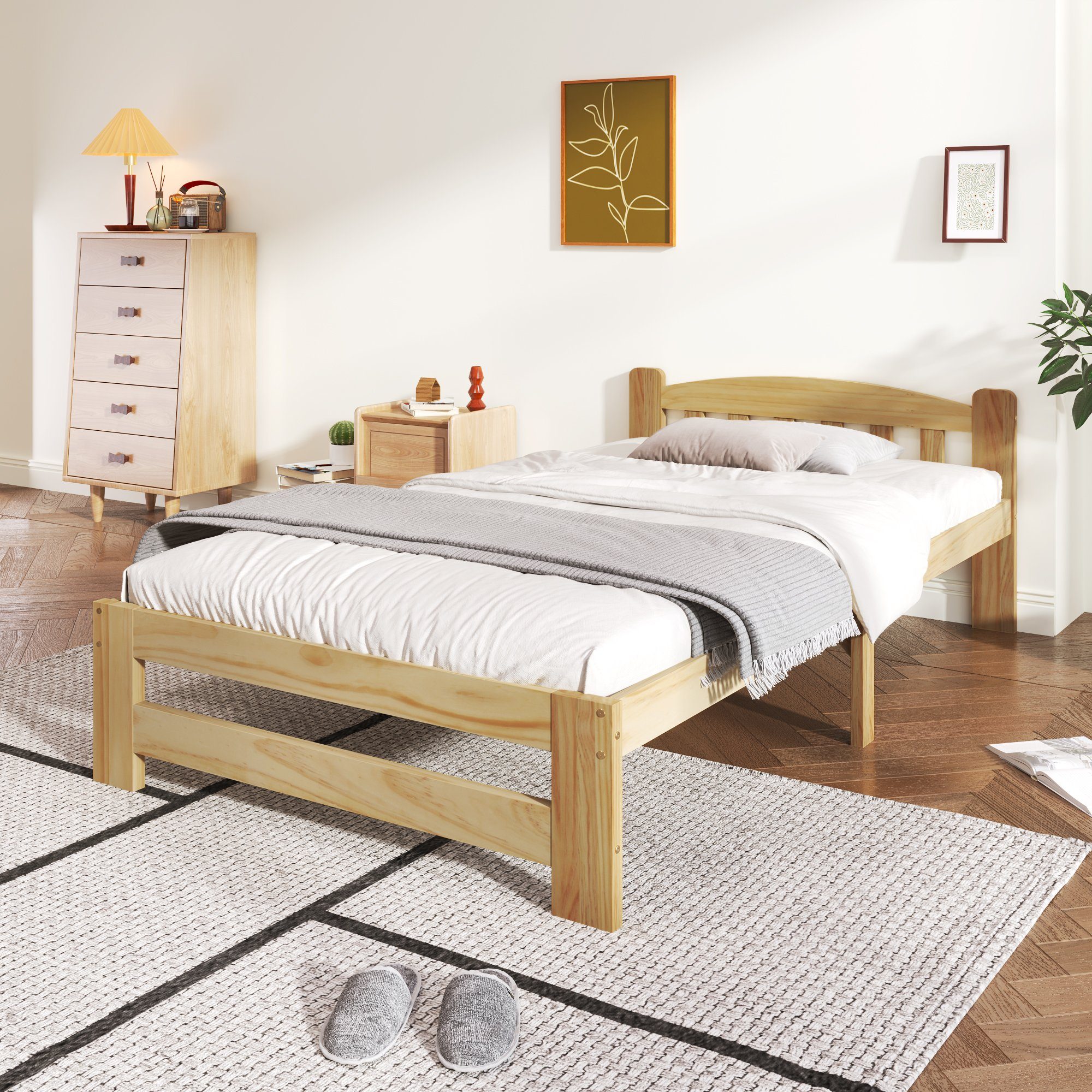 Odikalo Massivholzbett Solide Futonbett Jugendbett Kopfteil Lattenrost Natur 140/90x200cm