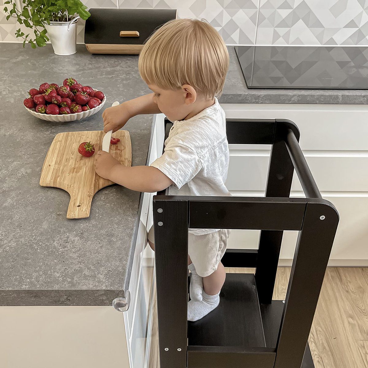 MeowBaby Stehhilfe Lernturm für Kinder Montessori Lernstuhl Schwarz (1 St), Kinderhocker, Höhenverstellbar, Abgerundete Ecken & Kanten