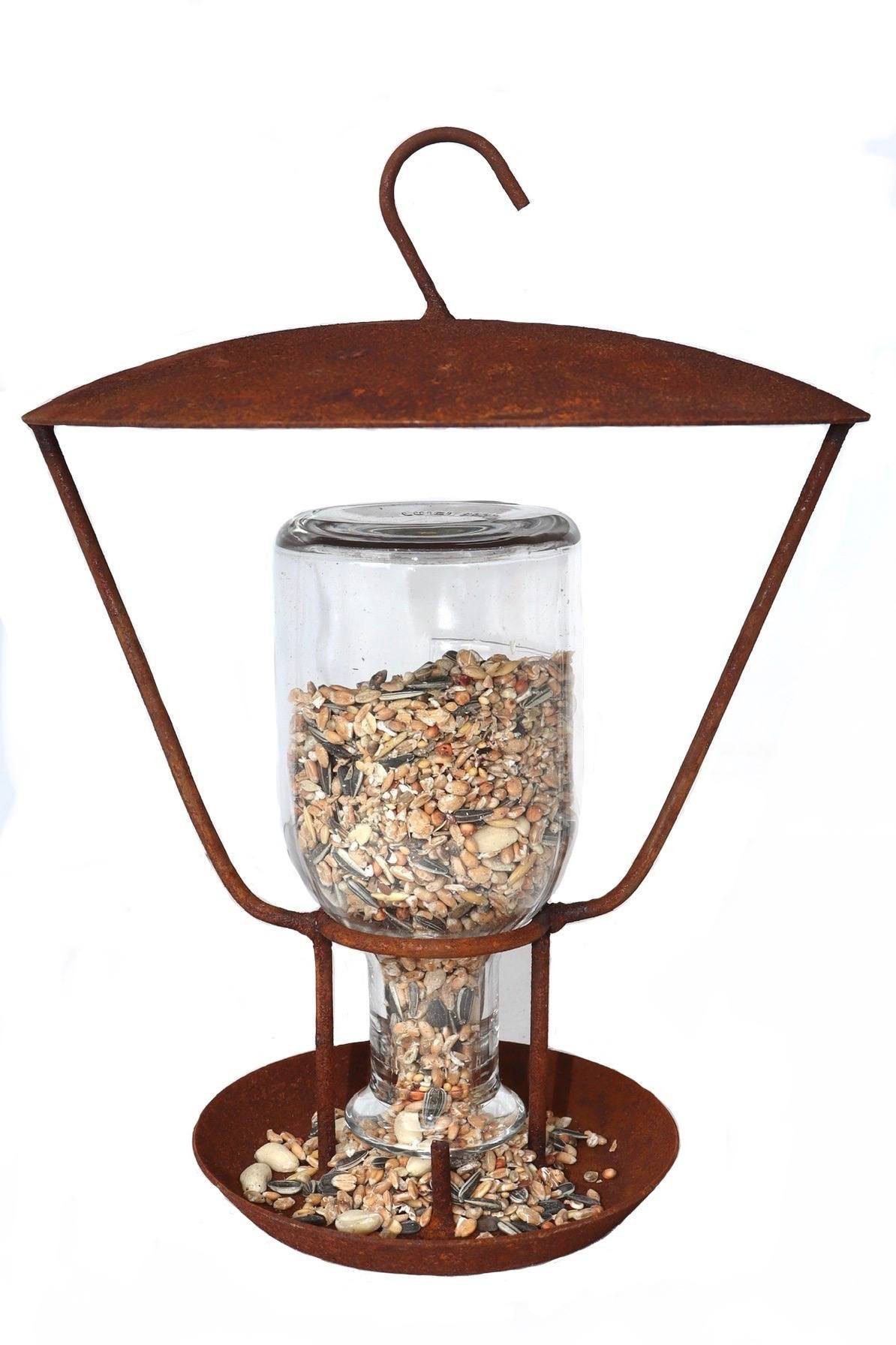 Hirsch Terracotta Vogelhaus Vogelfutterstation mit Glasflasche aus Metall, stabile Vogelfutterstation mit Dach