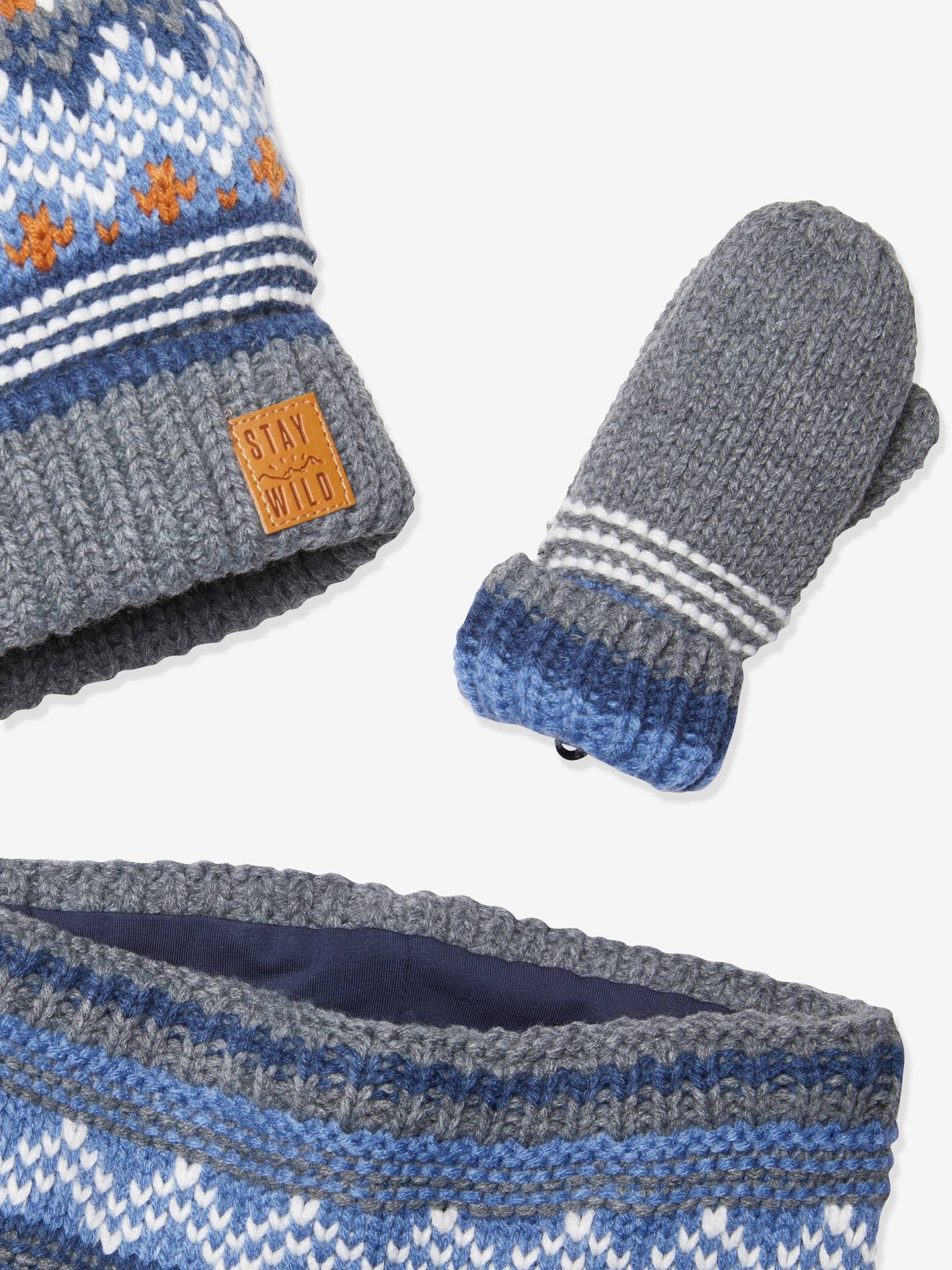 Ensemble garçon bonnet + snood + gants bleu chiné