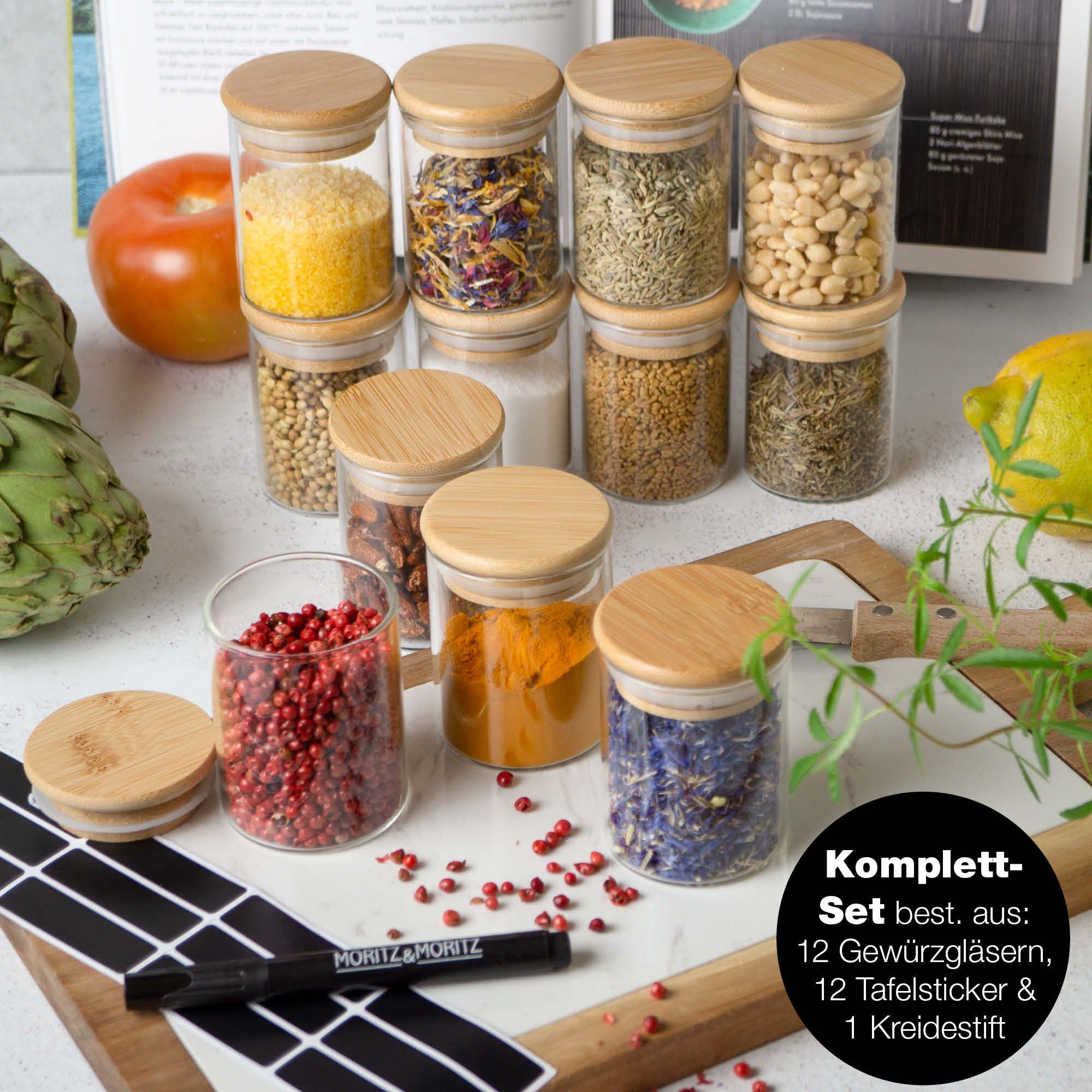 Moritz & Moritz Gewürzbehälter Gewürzgläser rund, Glas, (12er Set), Luftdichte Gewürzgläser rund für Gewürze