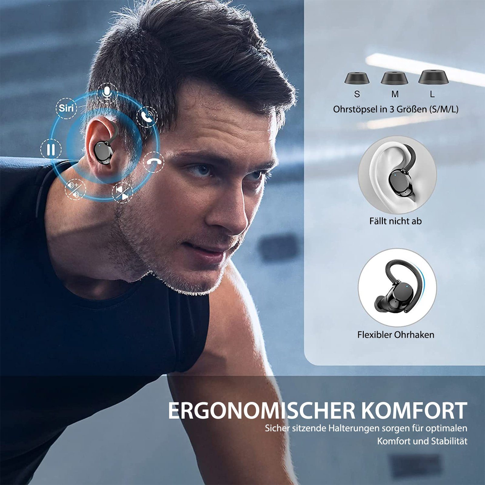 Yuede Bluetooth 5.3 Sportkopfhörer, Earbuds Kabellos mit Ohrbügeln In-Ear-Kopfhörer (Immersives HIFI-Stereo, Bluetooth Kopfhorer mit LED-Ladebox, ENC HD Anruf, Rauschunterdruckung, CVC8.0)