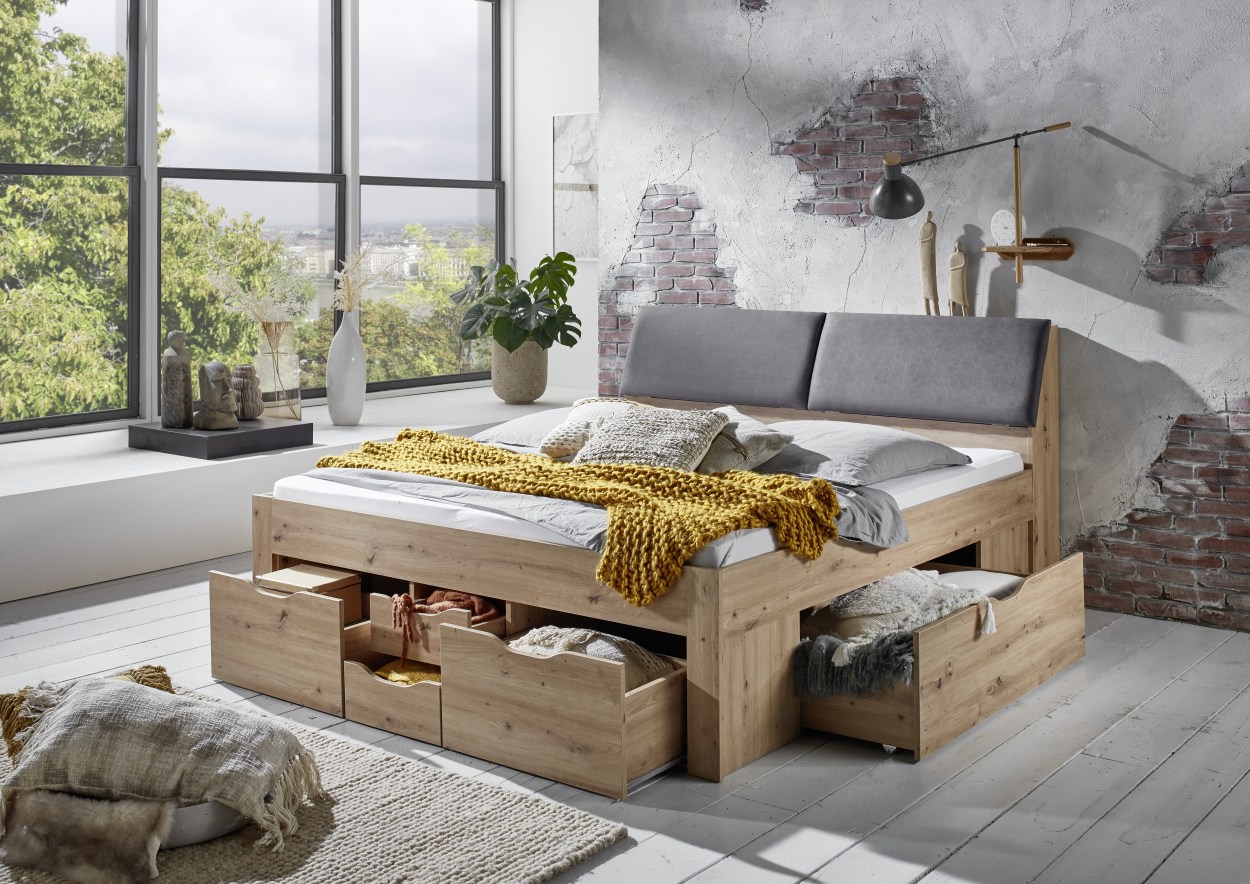 Relita Funktionsbett Maxi 180 x 200 cm, mit Rolllattenrost mit 6 Bettschubladen und Stauraum-Polster-Kopfteil Eiche Artisan Dekor