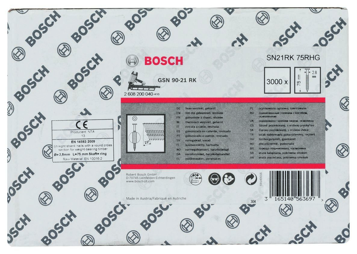 Bosch Blue Accessories 2608200040 SN21RK 75RG Naulanauha 21° Kuumasinkitty rengas 75 mm 3000 kpl