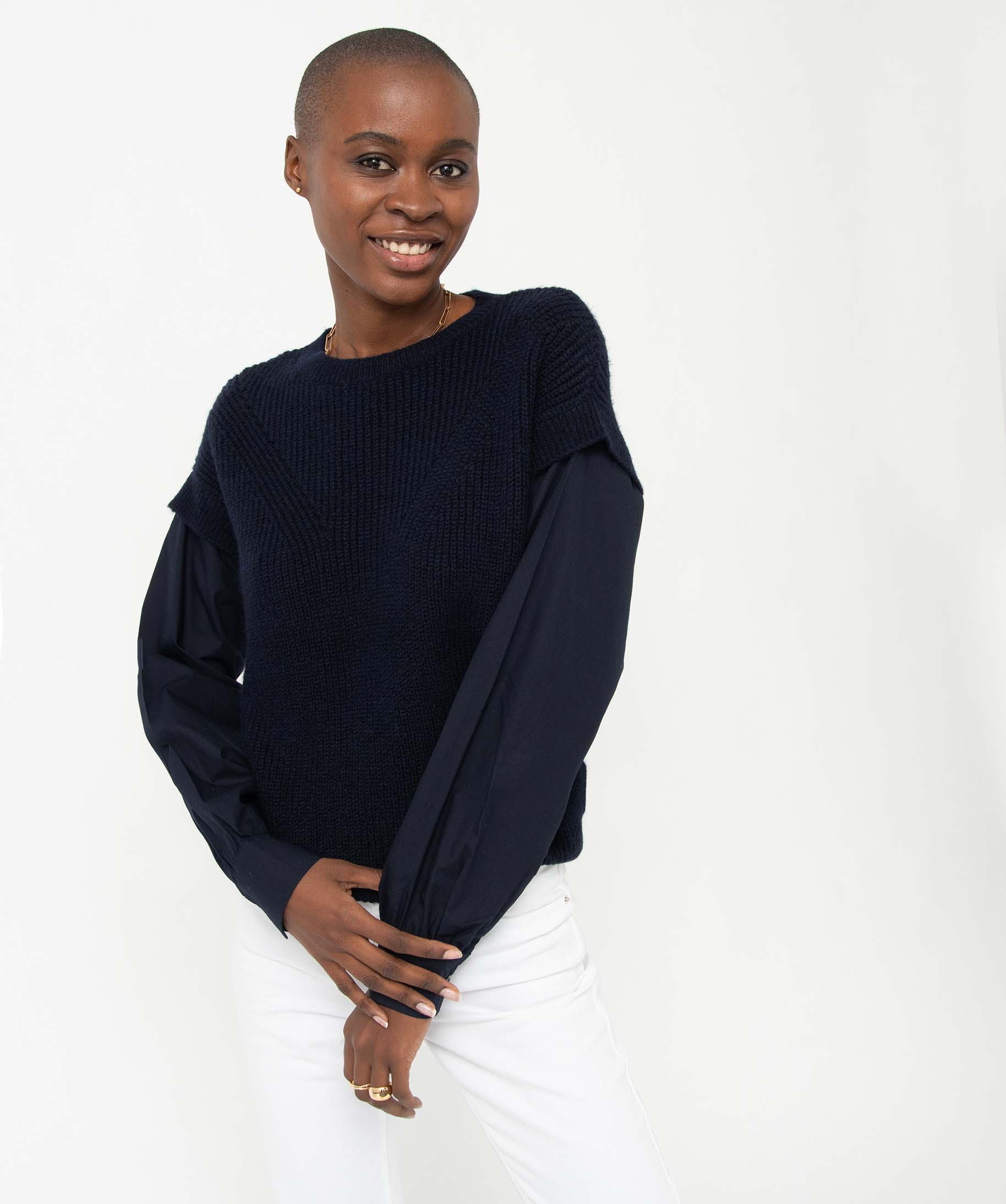 Pull femme avec manches de chemise intégrées marine | GEMO