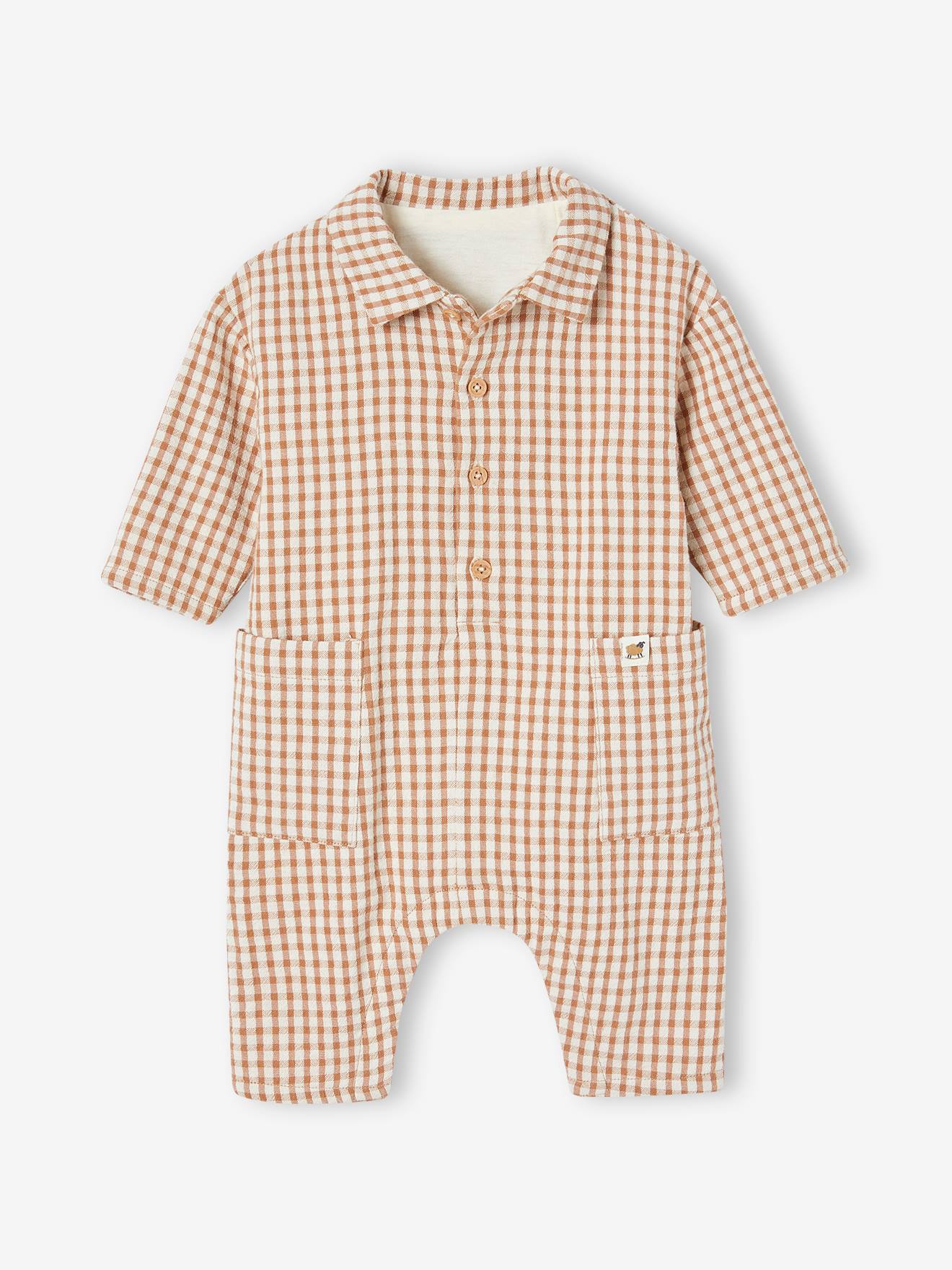 Combinaison en gaze de coton bébé doublée carreaux marron