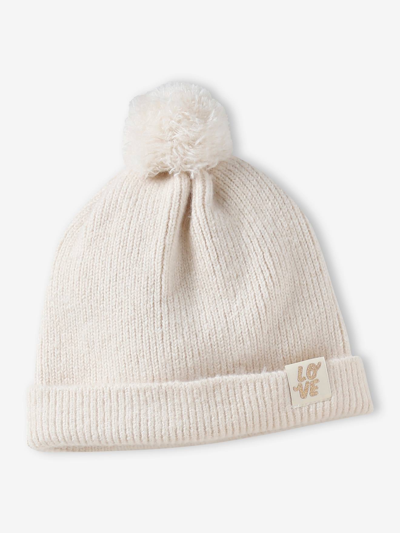 Ensemble fille en maille côtelée bonnet + écharpe + moufles/mitaines beige chiné