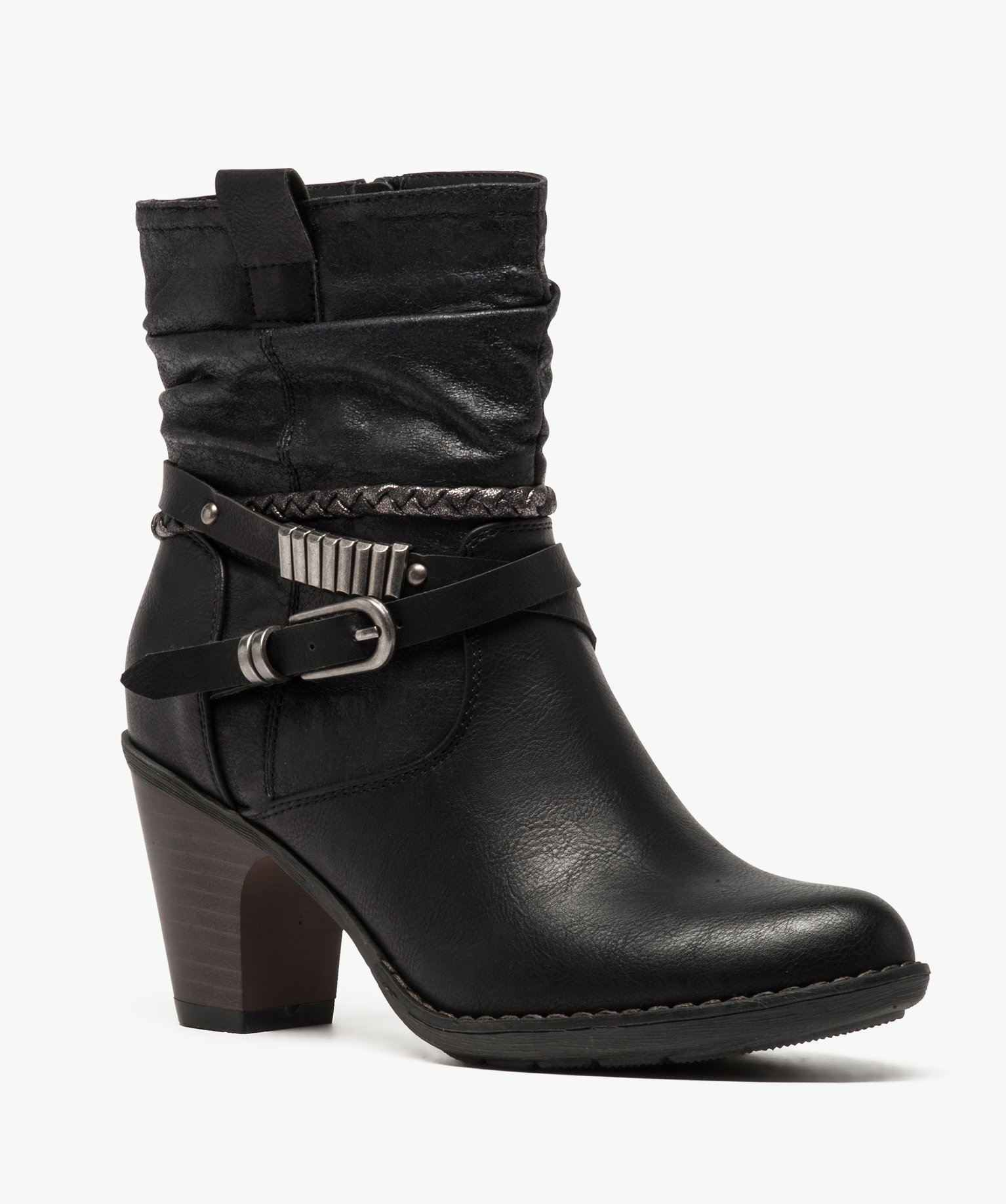 Bottines femme à talon tige plissée et brides fantaisie noir | GEMO