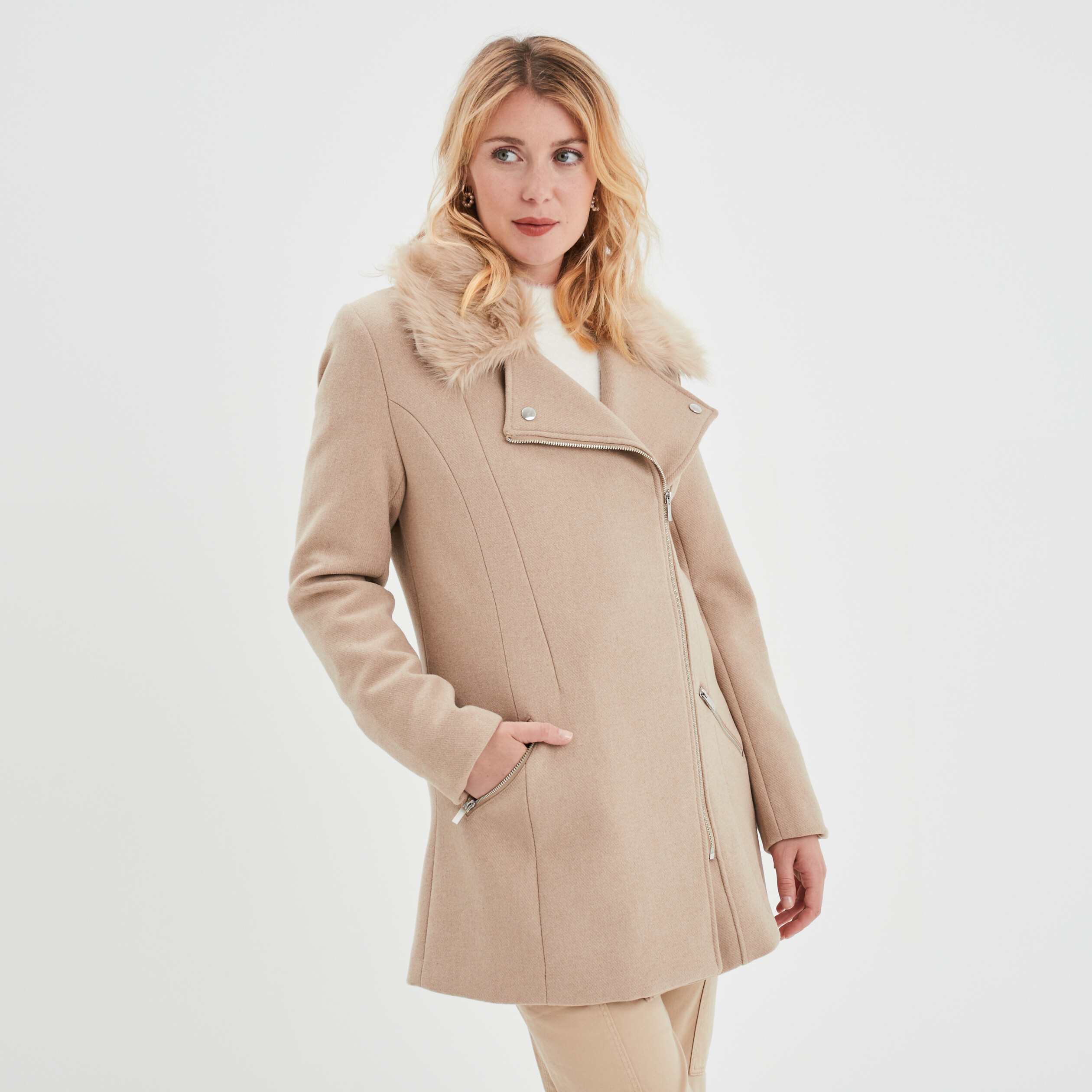 Manteau droit zippé beige femme | La Halle