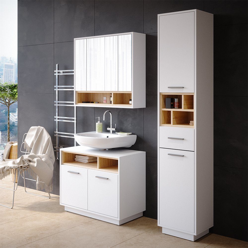Vicco Hochschrank Badschrank Badezimmerschrank BEATRICE Weiß Sonoma