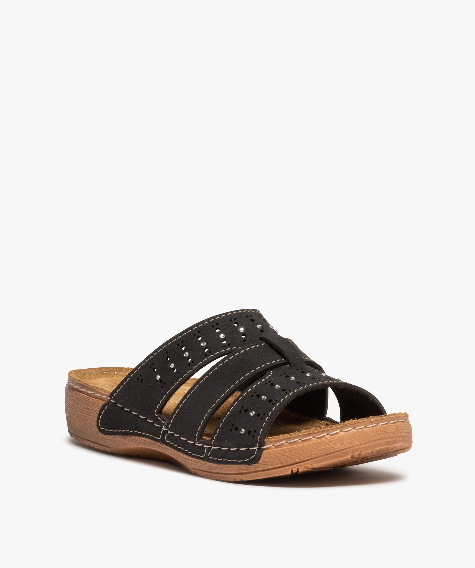 Mules confort femme légères à brides ajourées et strass noir | GEMO