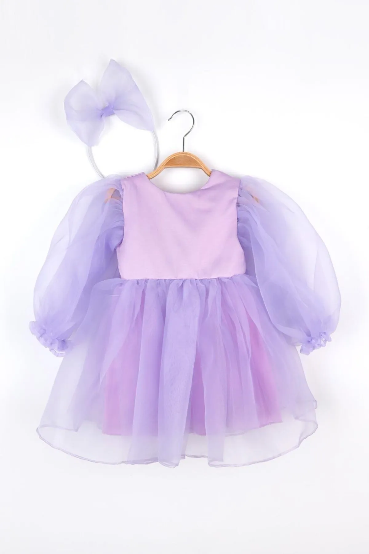 Le Mabelle  Lilafarbenes, langärmliges Organza-Partykleid für Mädchen – Salbei