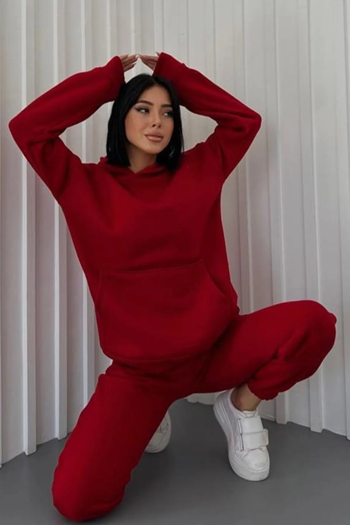bayansepeti  Dreifädiges Gewebe, Kapuzenpullover mit Kängurutasche und hoch taillierter Hose, rot, Sport-Trainingsanzug-Set 400