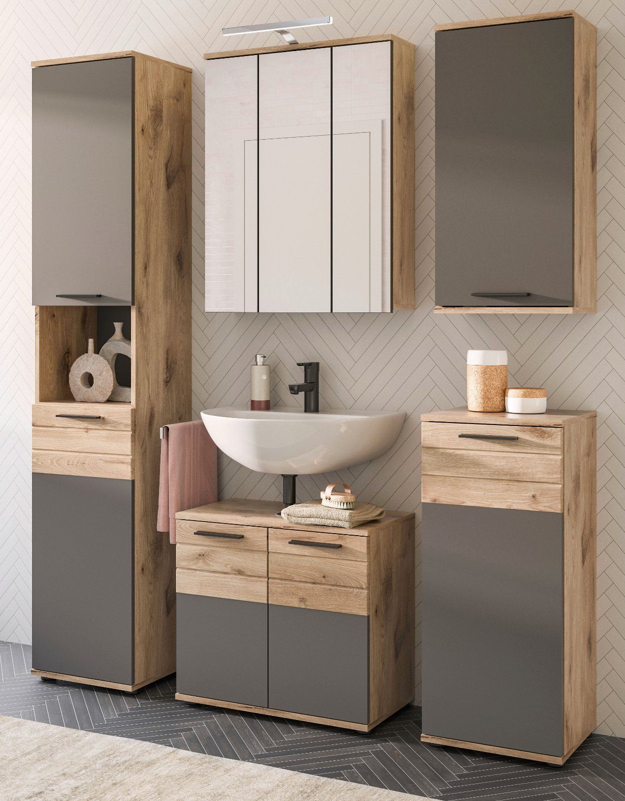 xonox.home Hängeschrank Mason (Badschrank grau und Nox Eiche, BxH 37 x 77 cm) Türanschlag wechselbar, mit Soft-Close