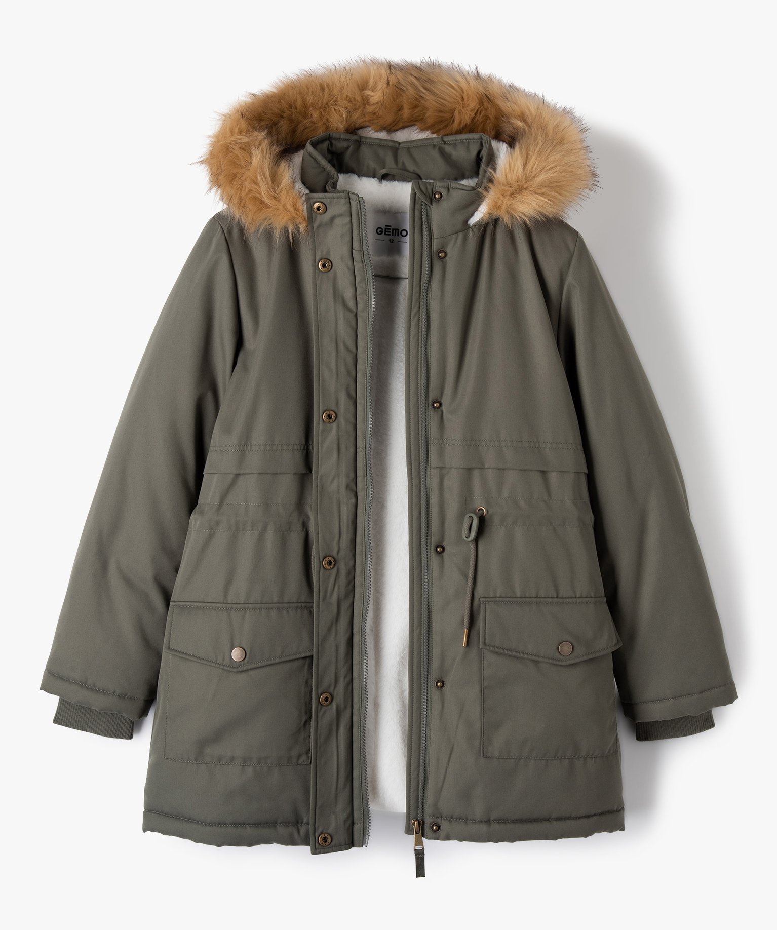 Parka en matière déperlante avec doublure peluche fille kaki | GEMO