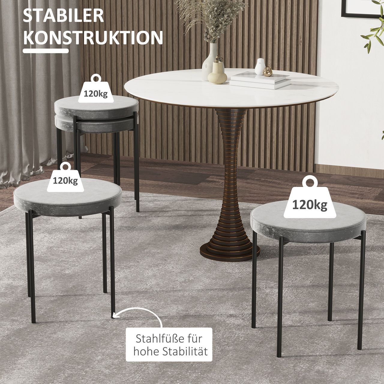 HOMCOM 4er-Set Esszimmerhocker Stapelhocker Küchenhocker Thekenhocker mit gepolstertem Sitz Rundhocker Barhocker Velvet-Touch modern Küche Esszimmer Polyester Stahl Dunkelgrau 41,5 x 41,5 x 46 cm