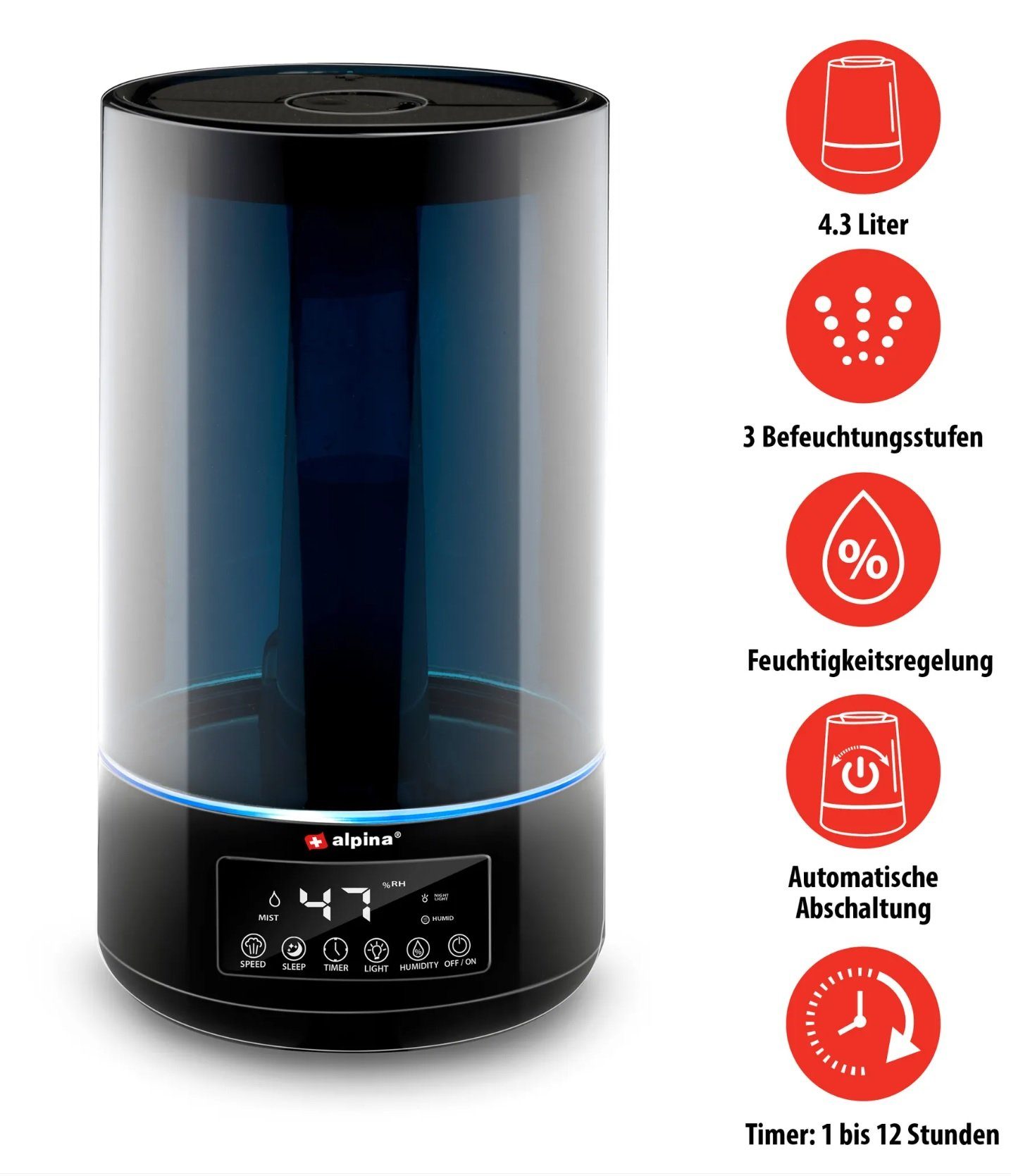 JUNG Luftbefeuchter ALPINA Luftbefeuchter 4L Aroma Diffuser Raumbefeuchter fü alle Räume, 4,30 l Wassertank, mit Fernbedienung, Raumluftbefeuchter, Raumluft Diffusor Humidifier