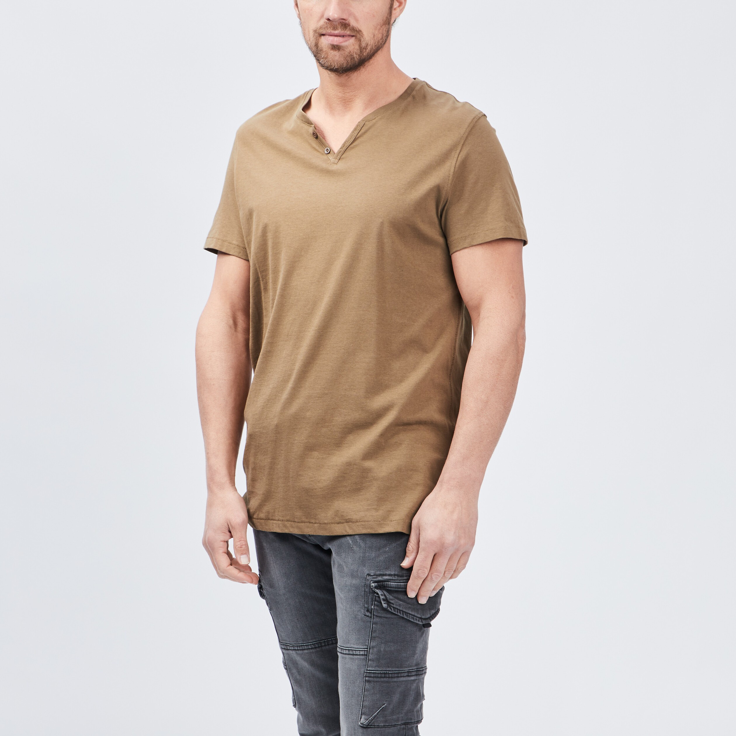 T-shirt manches courtes col tunisien vert kaki homme | La Halle