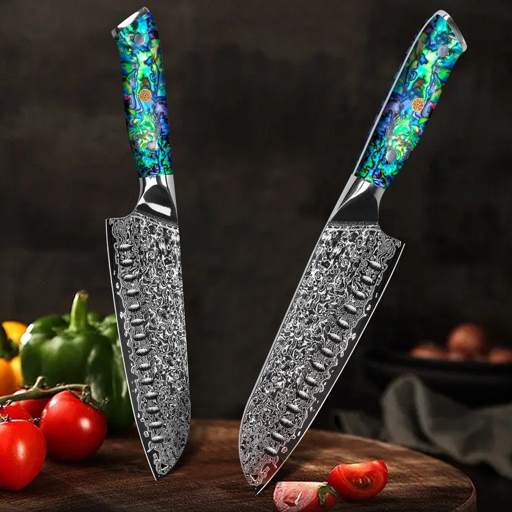 KEENZO Damastmesser Santoku-Messer aus 67 Lagen VG10 Damaststahl Abalone-Muschel Griff