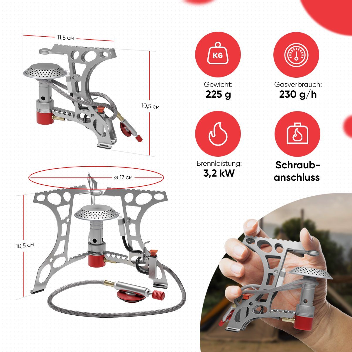 EVOCAMP Gaskocher Mini 3.2 kW mit Piezo-Zünder, ideal für Outdoor, Camping Stove, ohne Gaskartuschen
