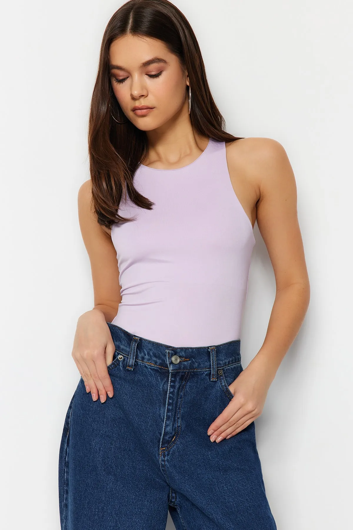 Trendyol Collection  Lila Neckholder-Body mit flexiblem Druckknopf-Strick-Body TWOSS20BD0044