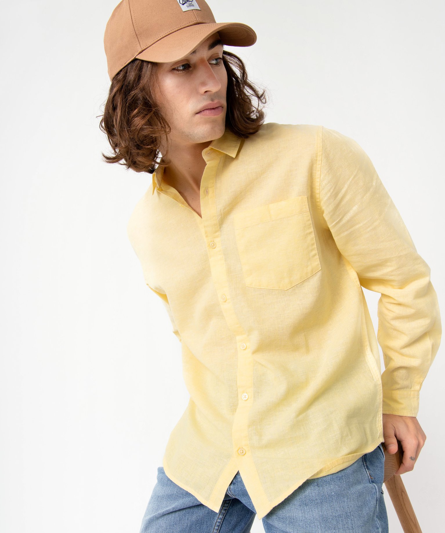 Chemise homme à manches longues en lin mélangé jaune | GEMO
