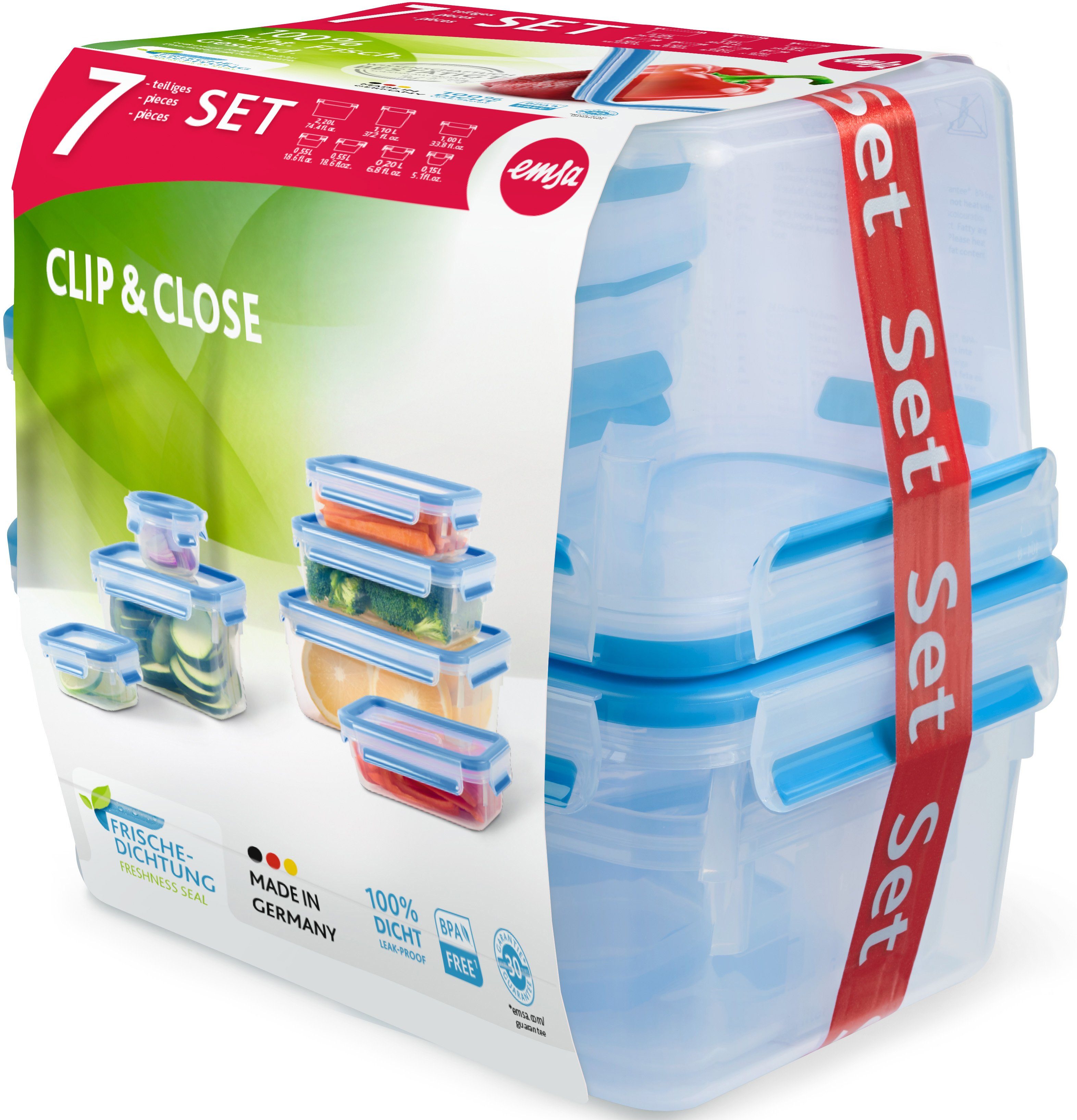 Emsa Frischhaltedose N10316 Clip & Close, Kunststoff, (Set, 14-tlg., Größen: 0,15/0,2/2*0,55/1,1/1/2,2 Liter), 100% dicht&hygienisch, Frischedichtung, BabyCare Norm, made in Germany