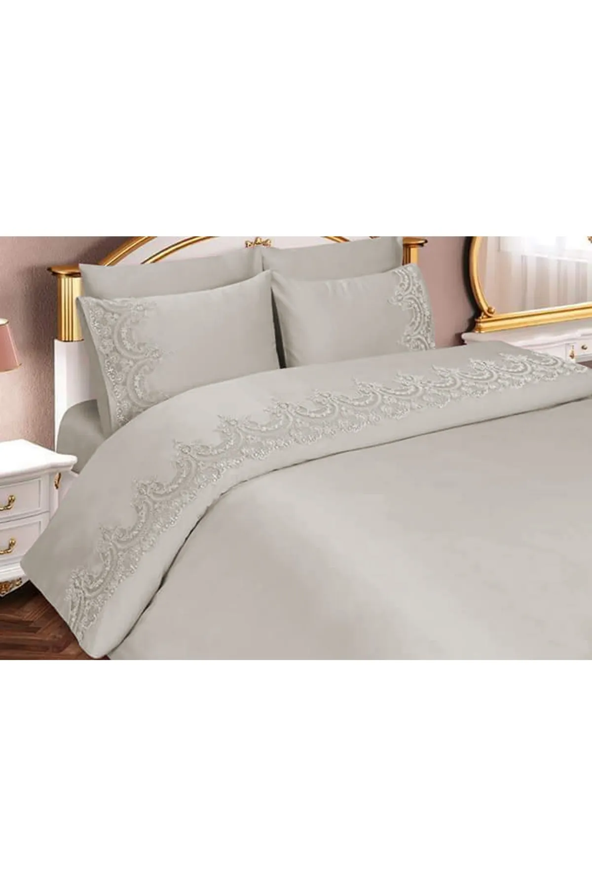 Çeyiz Diyarı  Französisches Guipure-Sultans-Bettbezug-Set, Creme