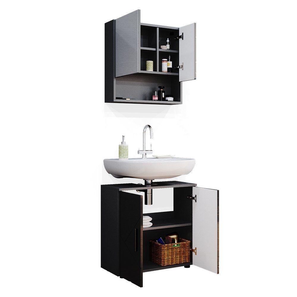 Vicco Badezimmer-Set Badmöbel Badezimmermöbel Irma Anthrazit Hochglanz Set 1, (3-St., 3-er Set)