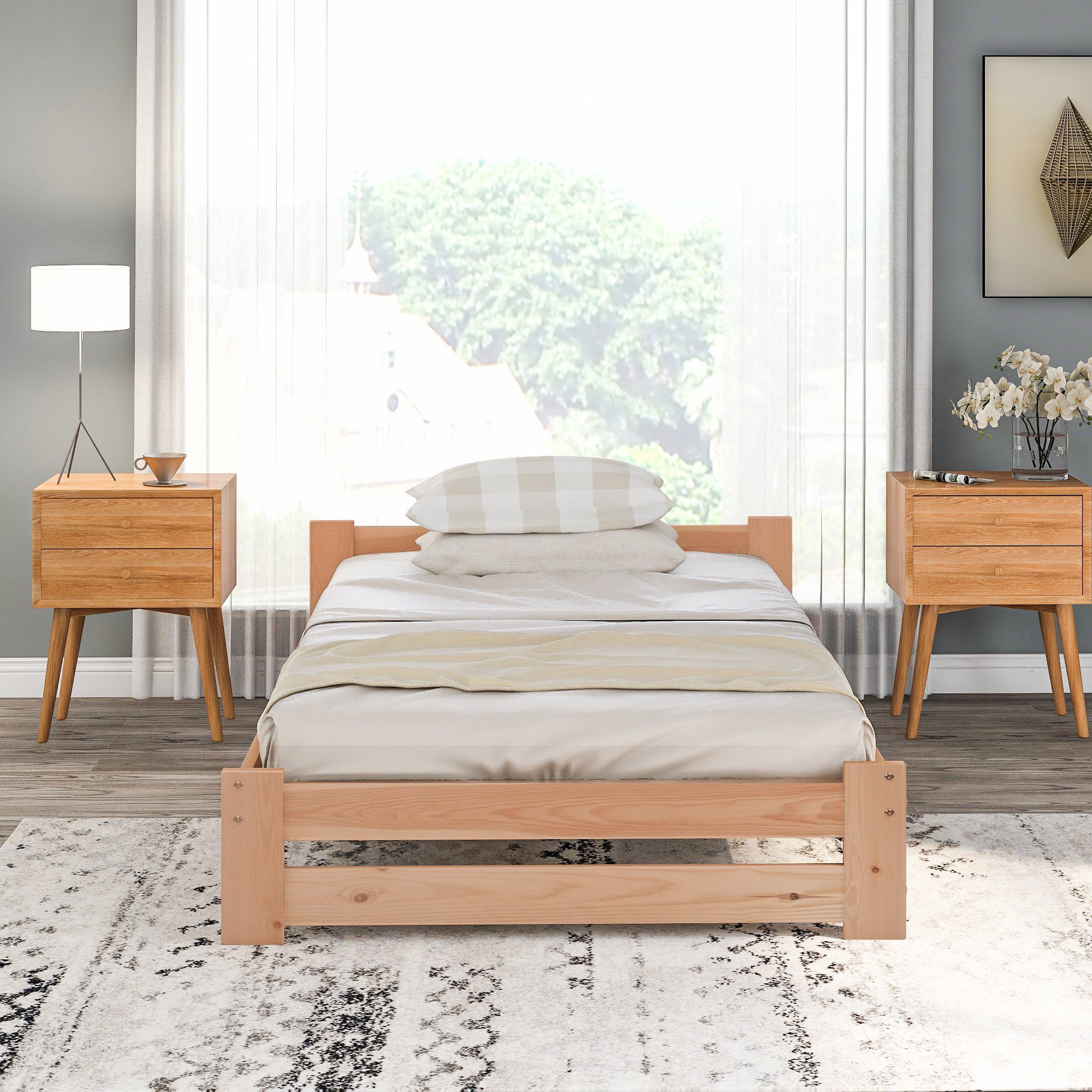 OKWISH Massivholzbett Natur Bett, Futonbett, Massivholzbett Einzelbett Kinderbett Gästebett (mit Kopfteil und Lattenrost, 200x90cm), Matratze nicht enthalten