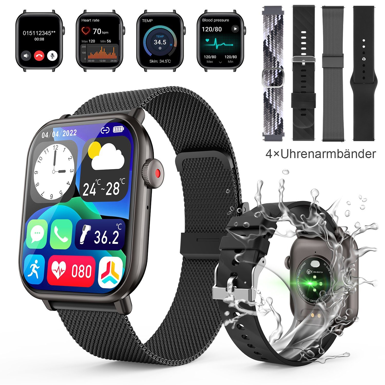 walkbee Smartwatch,Fitness Tracker Uhr für Damen Herren mit Telefonfunktion Smartwatch (5 cm/1.96 Zoll Full-Touch Zoll) IP67 Wasserdicht Fitness Uhr, 4 Austauschbare Armbänder, Fitness Tracker mit Schrittzähler, Pulsmesser, Frauengesundheit,Schlaftra
