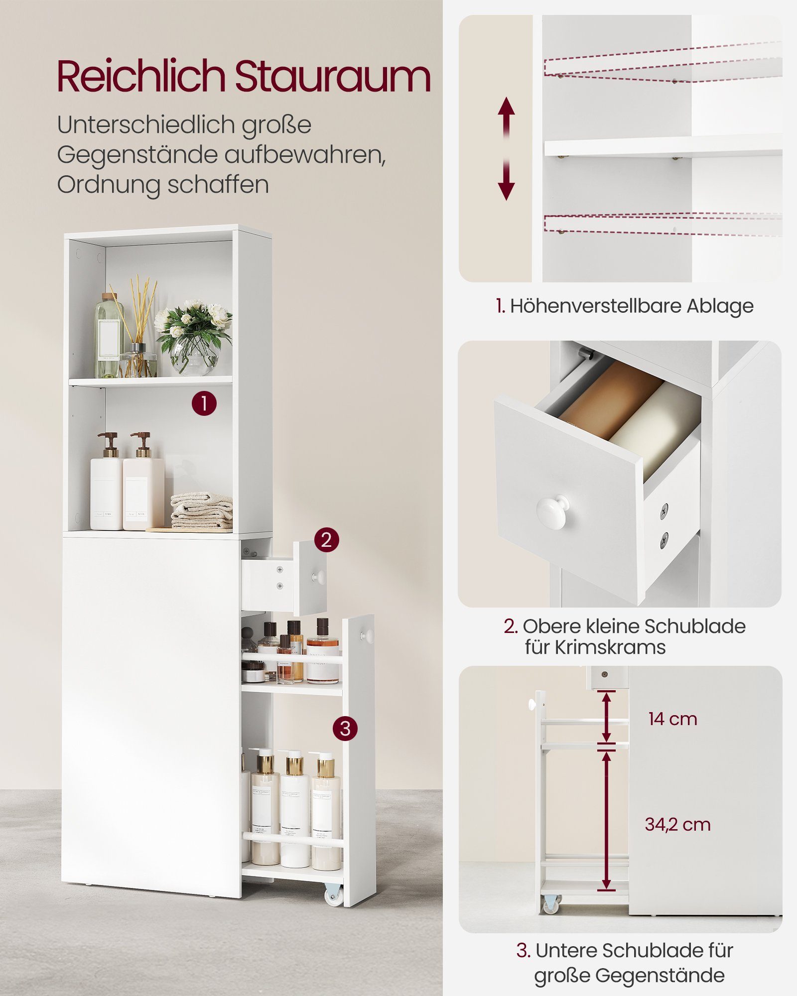 VASAGLE Badkommode Badezimmschrank, mit Schubladen und höhenverstellbarer Ablage