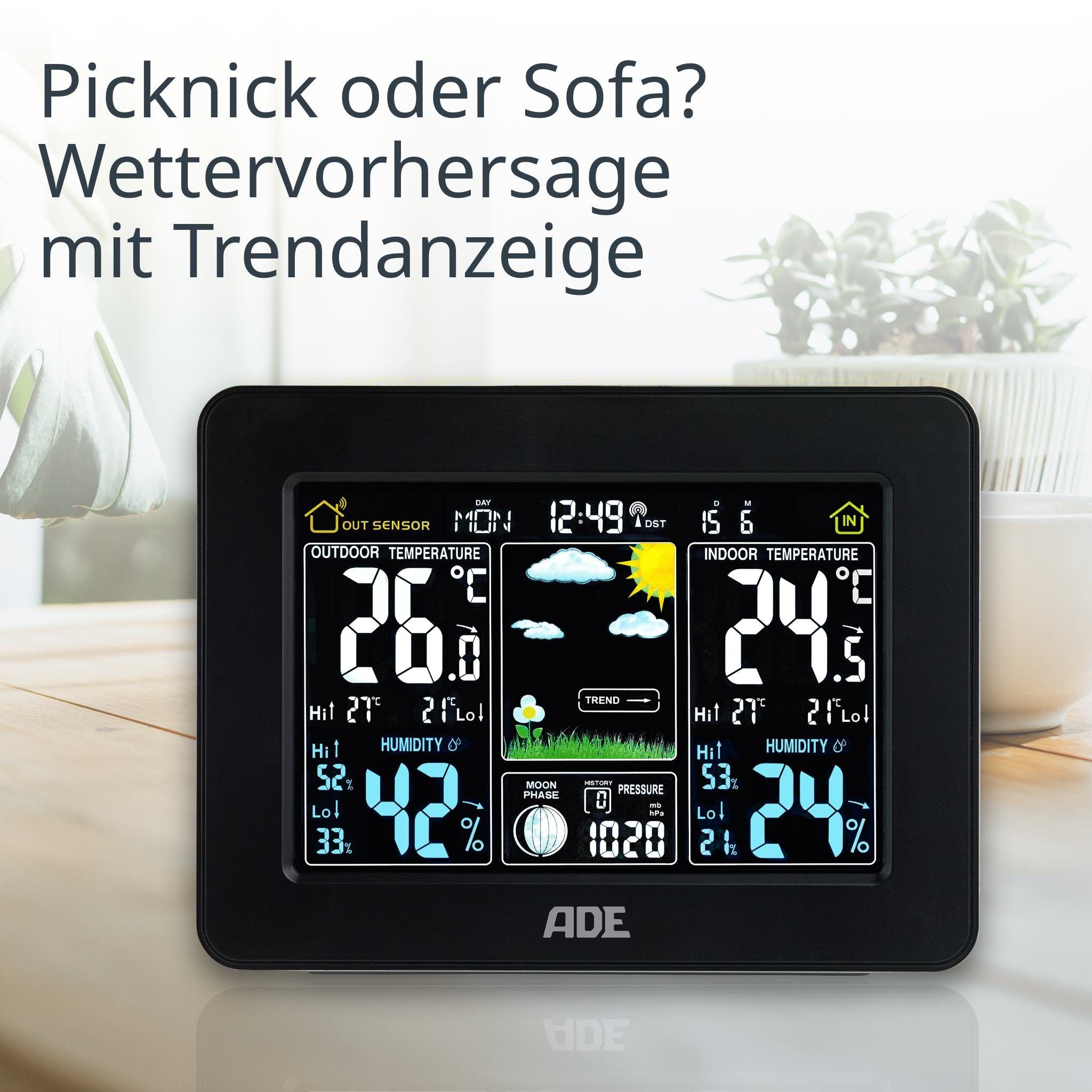 ADE Wetterstation Funk mit Außensensor und Vorhersage Funkwetterstation (mit Luftdruckanzeige, LED-Farbdisplay, Weckfunktion, beleuchtet)