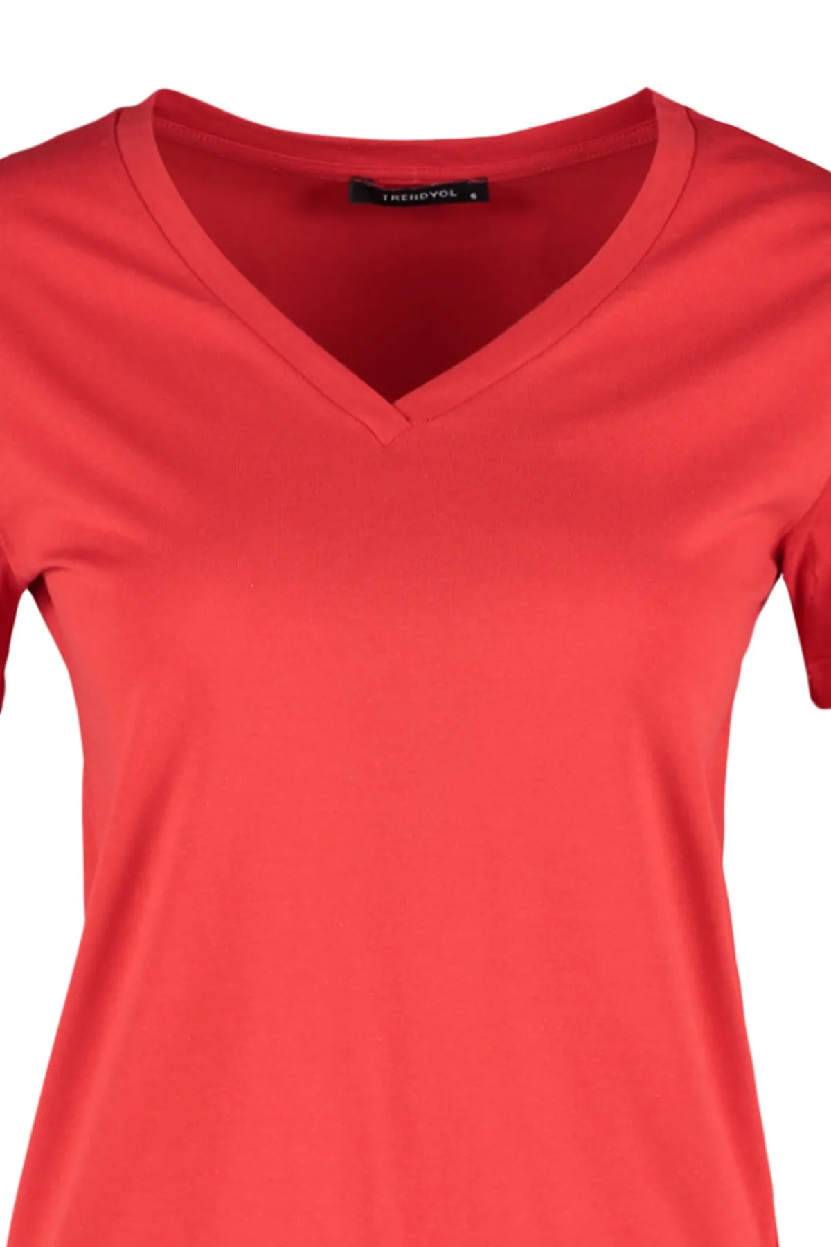 Trendyol Collection  Rotes Basic-Strick-T-Shirt mit V-Ausschnitt aus 100 % Baumwolle TWOSS23TS00001