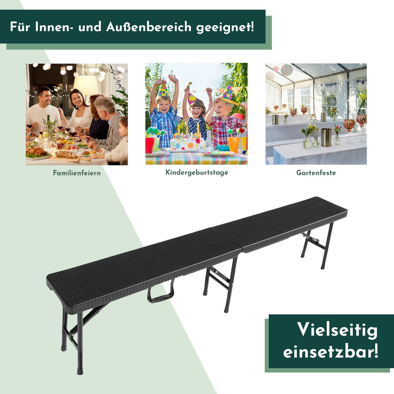 Lemodo Klappbank im 2er Set, mobile Sitzbank 180 x 25 cm in Rattan-Optik, klappbare Bierbank