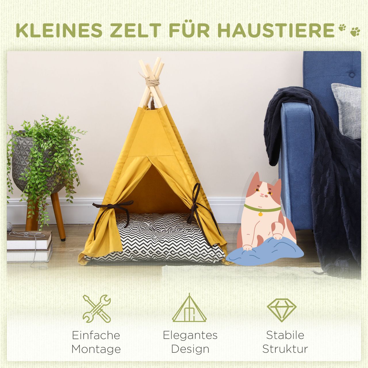 PawHut Katzenhöhle, Katzenzelt, Tierbett im Tipi-Design, Katzenhaus, Gelb