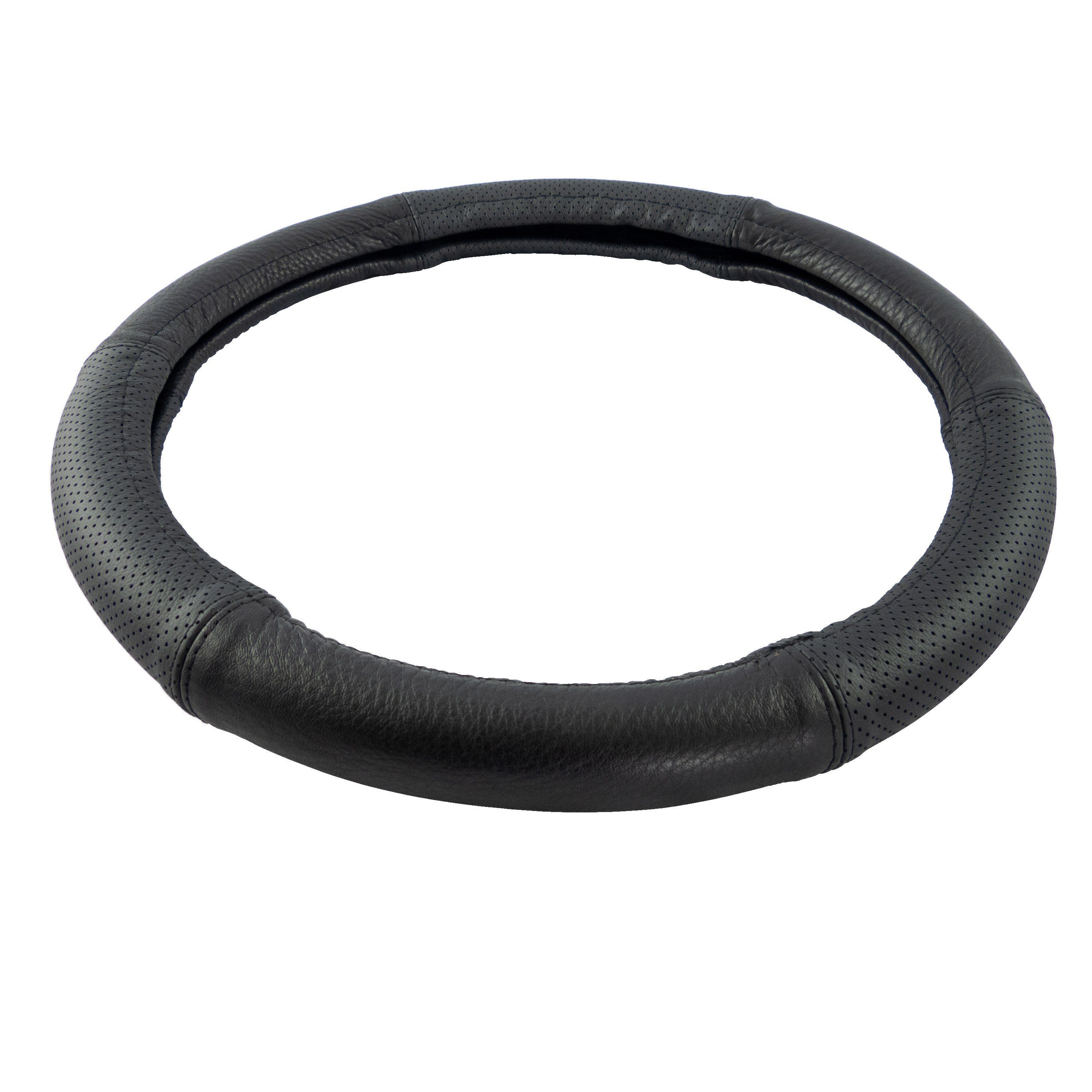 L & P Car Design Lenkradbezug Lenkradhülle Auto in schwarz mit schwarzer Naht, Ø 37 - 39 cm, perforiertes Echtleder