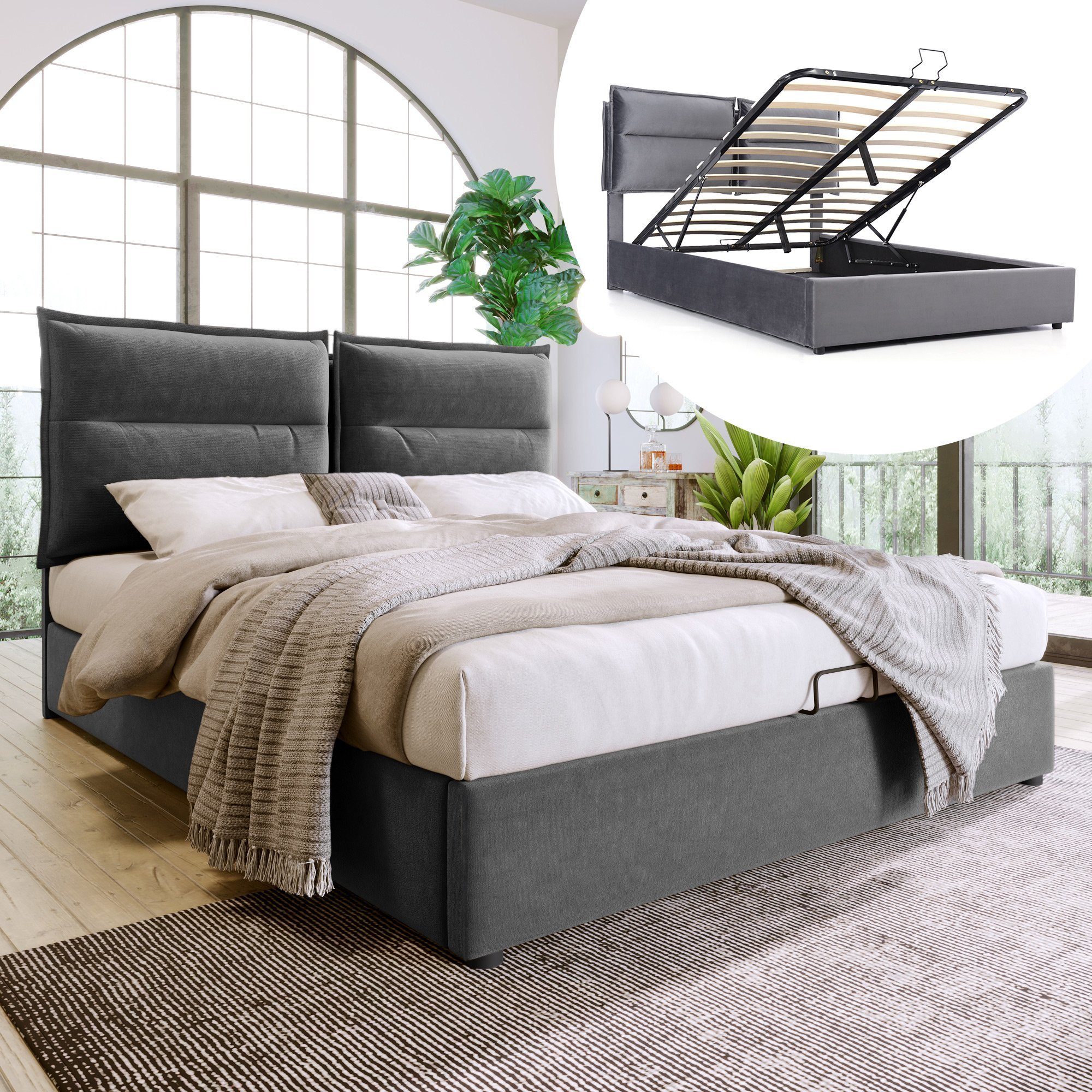 PHOEBE CAT Polsterbett (Hydraulisches Funktionsbett 140x200cm), Doppelbett mit Verstellbares Kopfteil und Stauraum, Bezug aus Samt