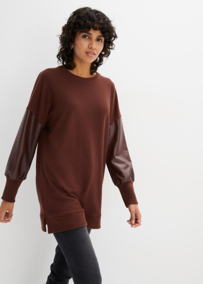 Strickshirt mit Lederimitatärmeln