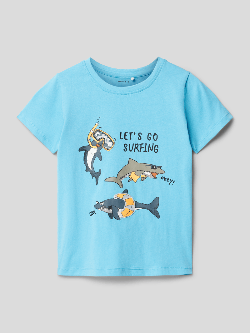T-Shirt aus Baumwolle mit Motiv-Print Modell 'ZEANO' in hellblau