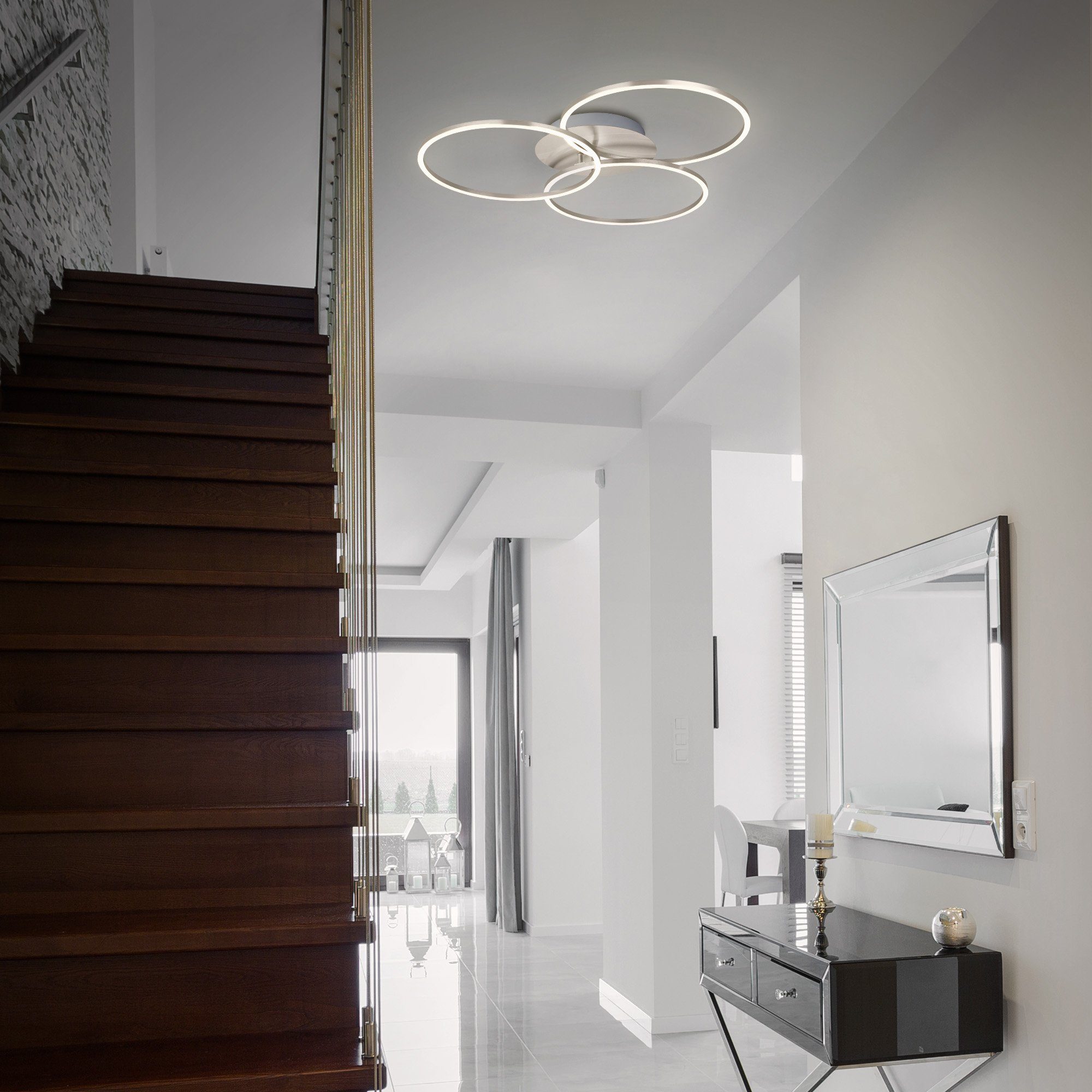 Briloner Leuchten LED Deckenleuchte 3090-012, dimmbar, schwenkbar, Speicherfunktion, LED fest verbaut, Warmweiß, Deckenlampe, 71,7x67,4x10,3cm, Matt-Nickel, 40W, Wohnzimmer, Flur
