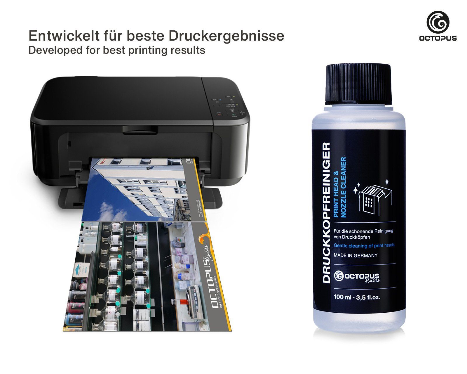 OCTOPUS Fluids Düsenreiniger, Druckkopfreiniger für Druckköpfe Nachfülltinte (für Epson, Canon, HP, Brother, 1x 100 ml, Made in Germany)